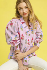 Floral Print Lantern Sleeve Button Down Shirt Umgee Blush Pink S